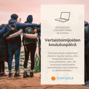 Henkilitä seisoo rivissä kädet toistensa hartioilla, katse poispäin kuvasta. Teksti: vertaistoimijoiden koulutuspäivä 12.3