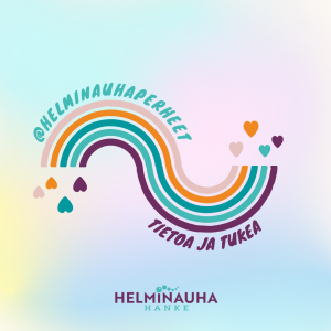 sateenkaari ja erivärisiä sydämiä. Teksti : helminauhaperheet, tietoa ja tukea. Helminauha-hankkeen logo, turkooseja helmiä peräkkäin.