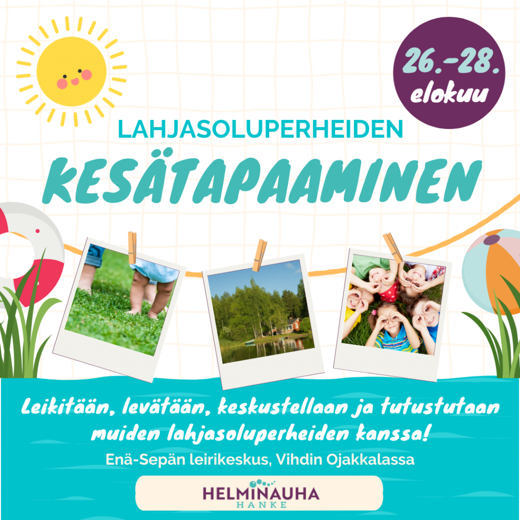 aurinko ja muita kesäisiä elementtejä, valokuvia pyykkinarulla. Teksti: lahjasoluperheiden kesätapaaminen 26.-28.8.2022