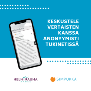 älypuhelin, Helminauha-hankkeen ja Simpukan logot. Keskustele vertaisten kanssa anonyymistin tukinetissä!