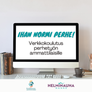Tietokoneen näyttö, hiiri ja näppäimistö, kirjoja, kahvikuppi ja kyniä. Ihan normi perhe! Koulutus perhetyön ammattilaisille.