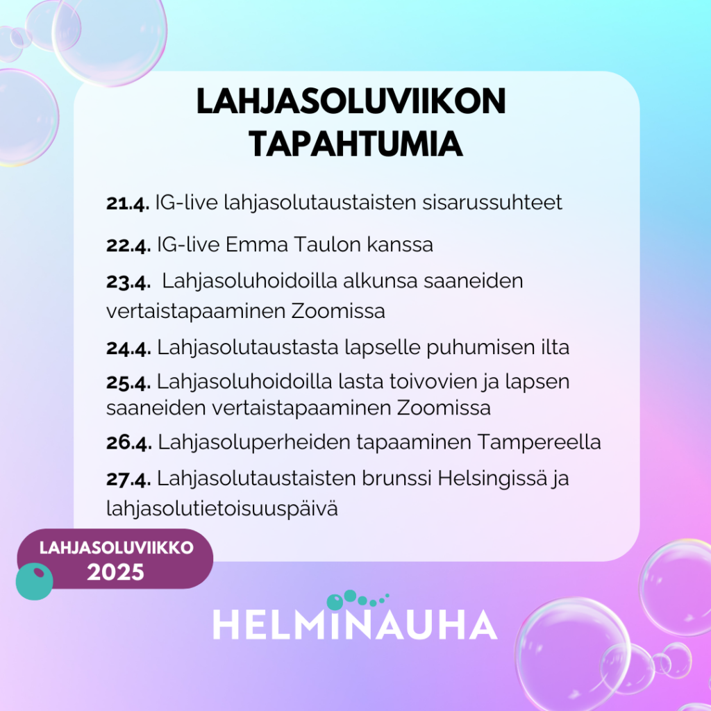 Kuplia kulmissa, Helminauhan logo, Lahjasoluviikon tapahtumia.