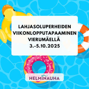 uima-allas, jossa on uimarenkaita, Helminauhan logo. Teksti: Lahjasoluperheiden viikonlopputapaaminen Vierumäellä 3.-5.10.2025