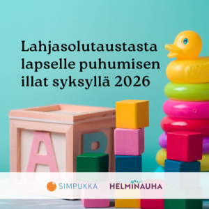 Simpukan ja Helminauhan logot, eri värisiä leikkipalikoita ja keltainen kumiankka.