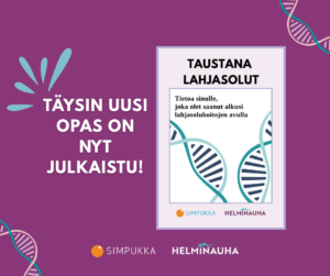 DNA-rihmastoa kuvan kulmissa, Lahhasiluoppaan kansi, Simpukan ja Helminauhan logot. Täysin uusi opas oin nyt julkaistu!