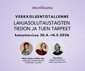 Helminauhan logo, kolmen henkilön kasvokuvat: Maiju Tokola, Riikka Airo ja Timo Ramu