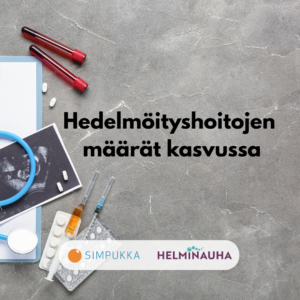 Simpukan ja Helminauhan logot. Stetoskooppi, lääkelaattoja, ruiskuja ja ultraäänikuva.