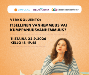 Simpukan, Helminauhan ja Sateenkaariperheiden logot, pitkähiuksinen nainen istuu kynä kädessä.