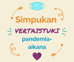 sydän, maski, nuolia. Tekstiii: Simpukan vertaistuki pandemia-aikaina