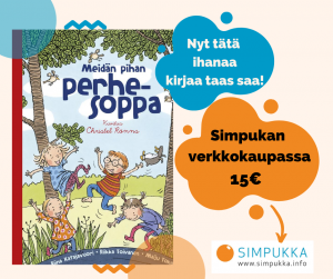 Kuvassa on Meidän pihan perhesoppa -kirjan kansikuva ja vieressä teksti Nyt tätä ihanaa kirjaa taas saa! Simpukan verkkokaupassa 15 euroa. Alakulmassa on Simpukan logo ja www. simpukka.info.