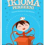 Lapsi istuu pahvilaatikossa, lastenkirjan kansi.