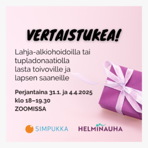 Lahjapaketti, vaaleanpunainen tausta, simpukan ja helminauhan logot