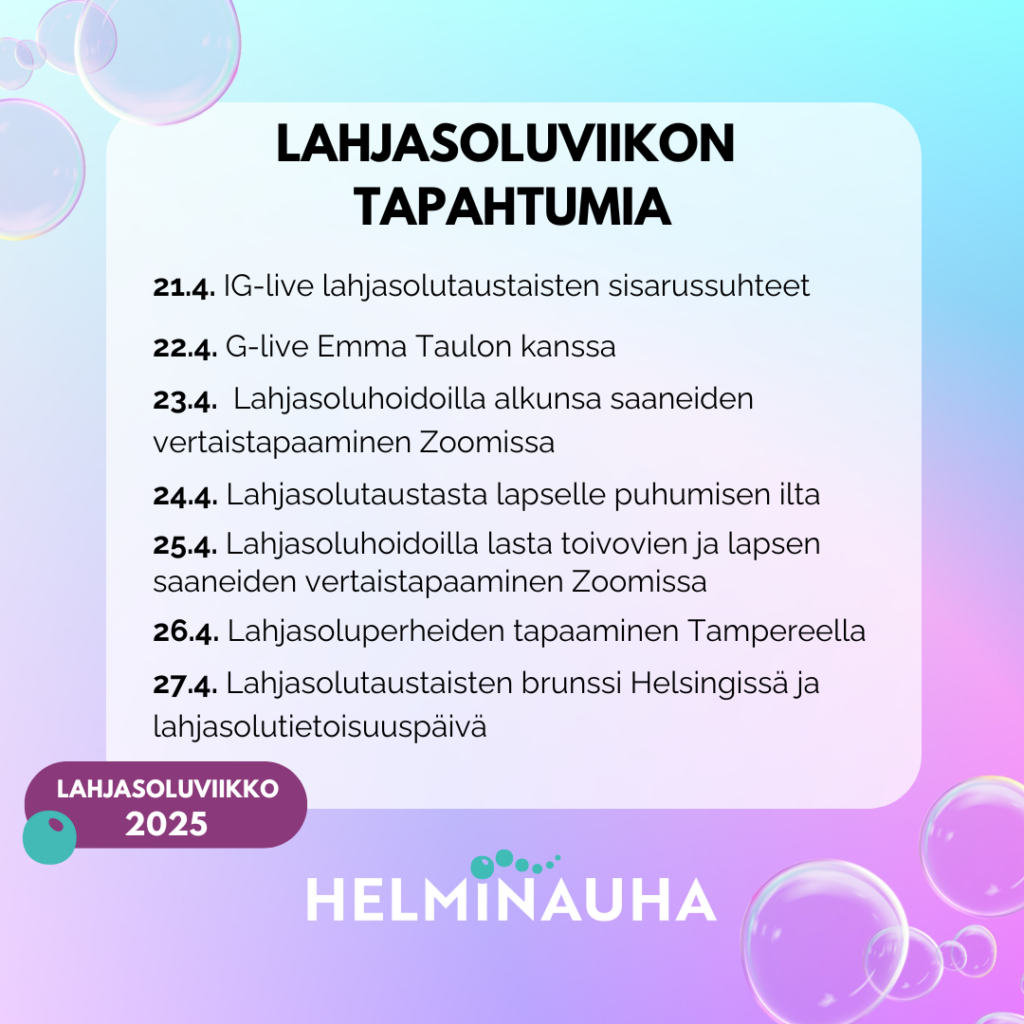 Kuplia kulmissa, Helminauhan logo, Lahjasoluviikon tapahtumia.