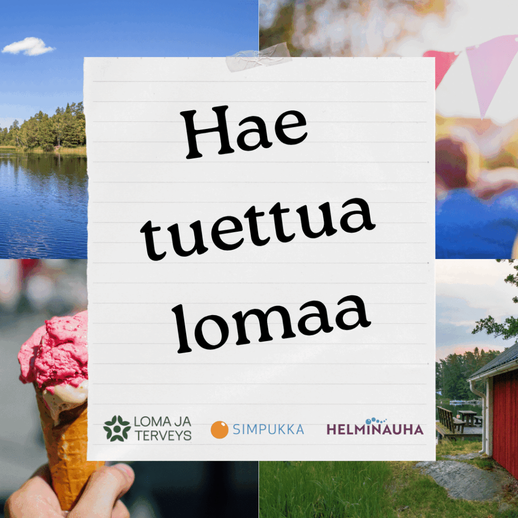 Hae tuettua lomaa, Loma ja terveys ry:n , Simpukan ja Helminauhan logot. Jäätelötötterö, järvimaisema ja mökkilaituri.