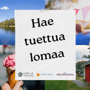 Hae tuettua lomaa, Loma ja terveys ry:n , Simpukan ja Helminauhan logot. Jäätelötötterö, järvimaisema ja mökkilaituri.