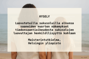 Taustalla kuva kahdesta pitkähiuksisesta henkilöstä, jotka ovat selin. Päällä teksti: Kysely Luovutetut sukusolut ja tiedonsaantioikeus: nuorten käsityksiä