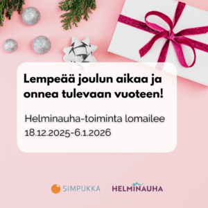 Lahjapaketti, joulupalloja, lahjaruusuke ja havunoksia. Lempeää joulun aikaa ja onnea tulevaan vuoteen! Helminauha-toiminta lomailee 18.12.2025-6.1.2026